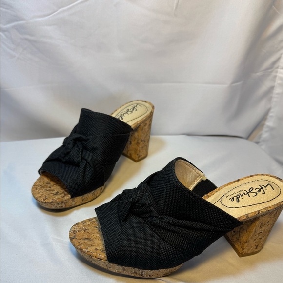 Life Stride Black Wedge Sandals Size 6.5 – Cork Heel, Open Toe, New - Picture 1 of 9